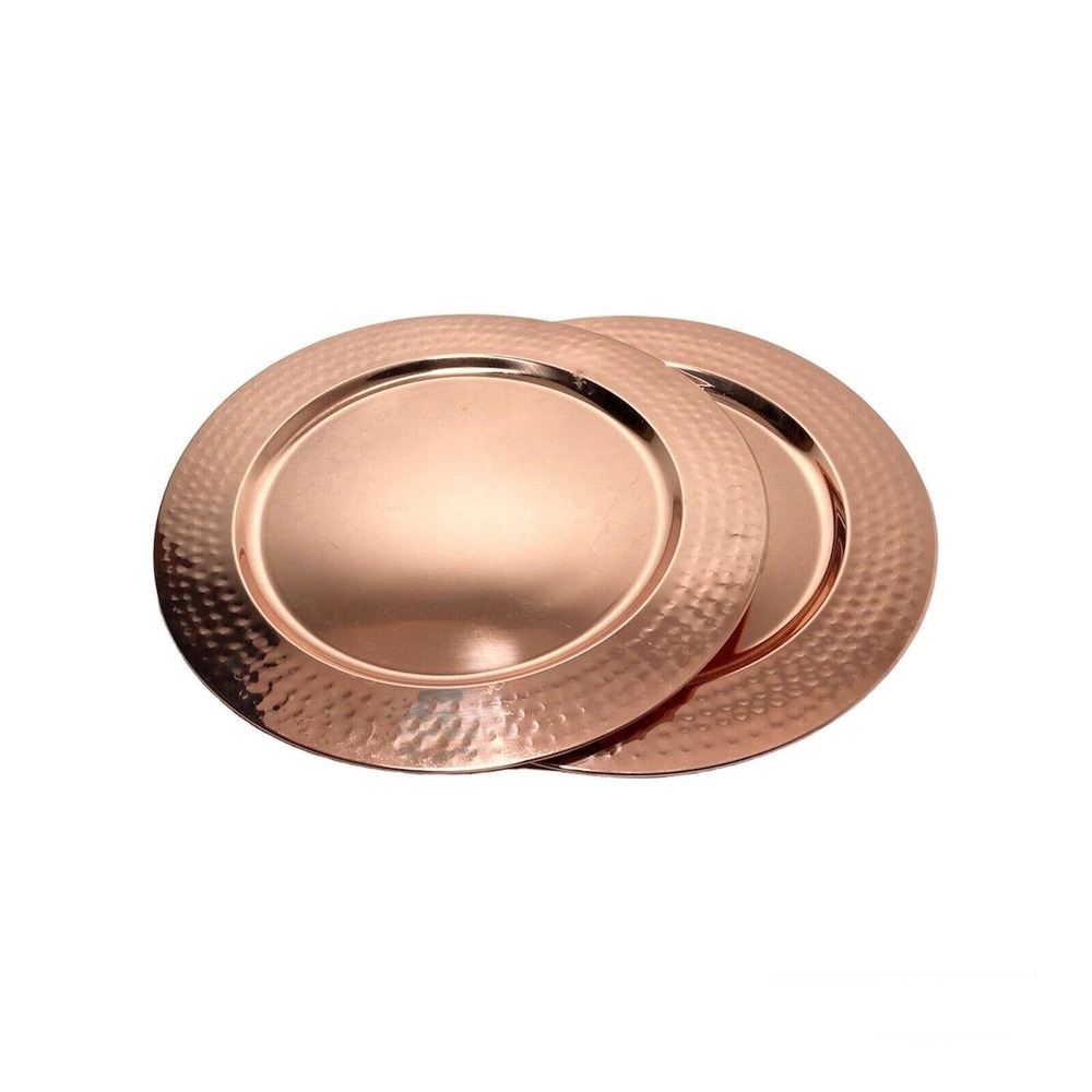Pair of “Odi” Round Copper Metal Hammered Charger Plates, 13”